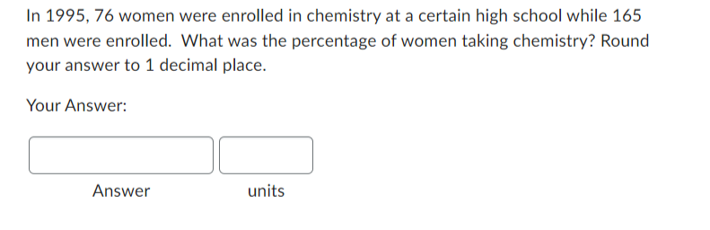 In 1995, 76 women were enrolled in chemistry at a certain high school while 165
men were enrolled. What was the percentage of women taking chemistry? Round
your answer to 1 decimal place.
Your Answer:
Answer
units