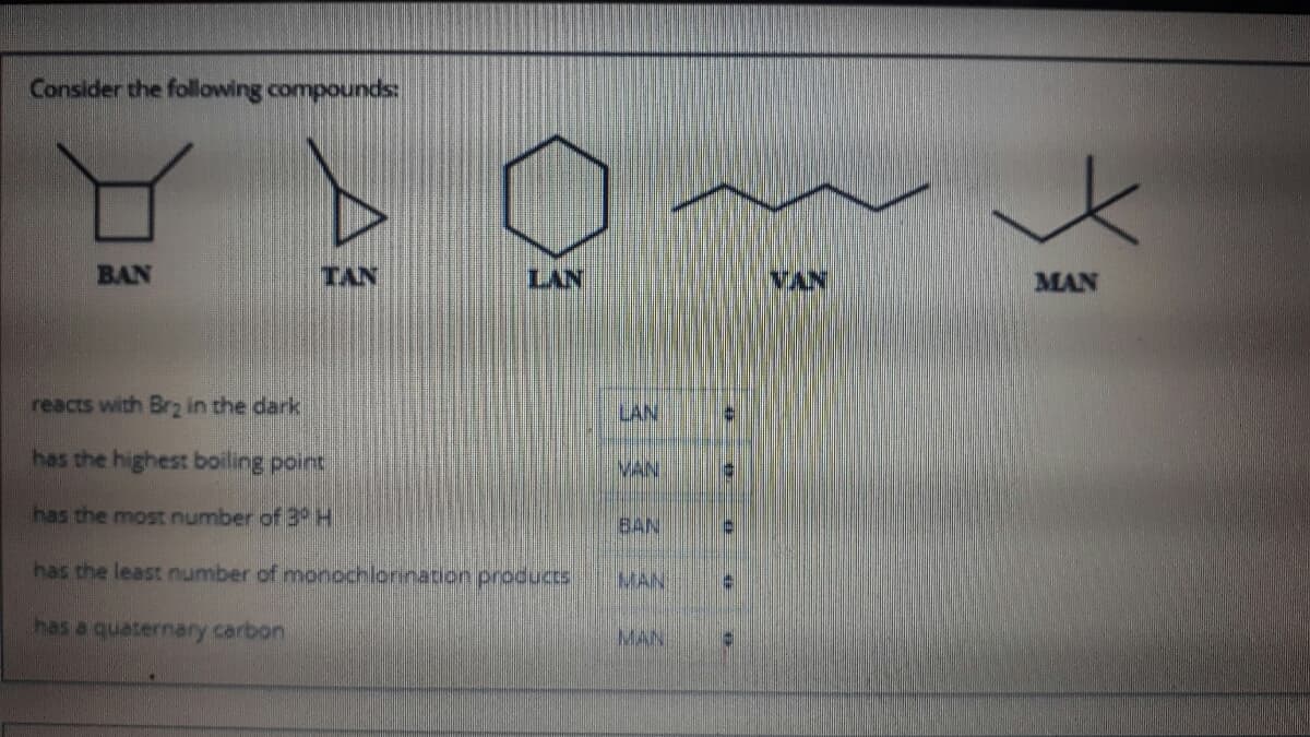 Consider the following compounds:
BAN
TAN
LAN
MAN
reacts with Brg2 in the dark
LAN
has the highest boiling point
VAN
has the most number of 3
BAN
has the least number of monochlorination products
MAN
has a quaternary carbon
MAN
