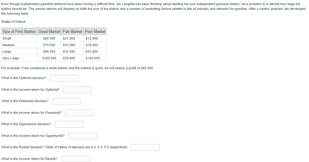 Even though independent gasoline stations have been having a difficult time, lan Langella has been thinking about starting his own independent gasoline station. lan's problem is to decide how large his
station should be. The annual returns will depend on both the size of his station and a number of marketing factors related to the oil industry and demand for gasoline. After a careful analysis, lan developed
the following table:
States of Nature
Size of First Station Good Market Fair Market Poor Market
Small
S60,000
$21,000
-$12,000
Medium
S70,000
$32,000
-$18,000
Large
$95.000
S32,500
-$42,000
Very Large
S280.000
S24,000
-S150.000
For example, if lan constructs a small station and the market is good, he will realize a profit of $60,000.
What is the Optimist decision?
What is the income return for Optimist?
What is the Pessimist decision?
What is the income return for Pessimist?
What is the Oportunist decision?
What is the income return for Opportunist?
What is the Realist decision? State of nature of demand are 0.4, 0.3, 0.3 respectively
What is the income return for Realist?
