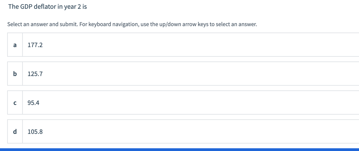 The GDP deflator in year 2 is
Select an answer and submit. For keyboard navigation, use the up/down arrow keys to select an answer.
a
177.2
b
125.7
95.4
105.8
C
d