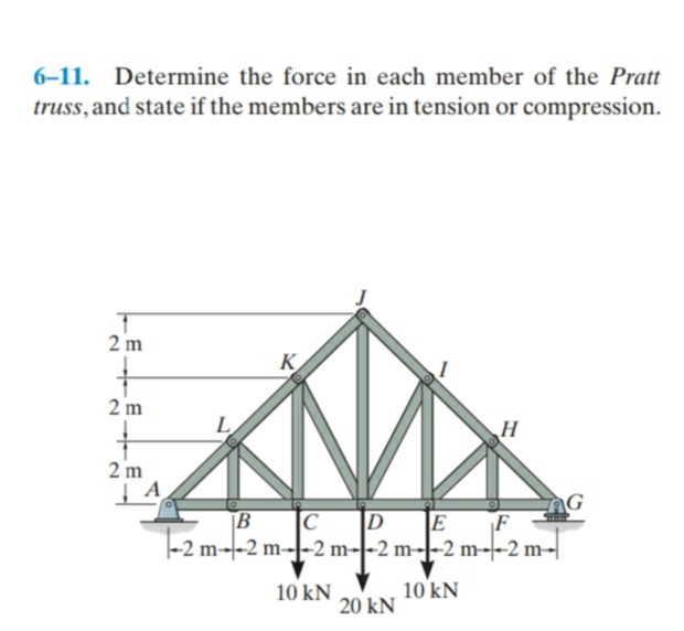 6–11. Determine the force in each member of the Pratt
truss, and state if the members are in tension or compression.
2 m
K
2 m
L
2 m
G
B
D
-2 m--2 m--|-2 m--2 m-|-2 m--2 m-|
E
F
10 kN
10 kN
20 kN
