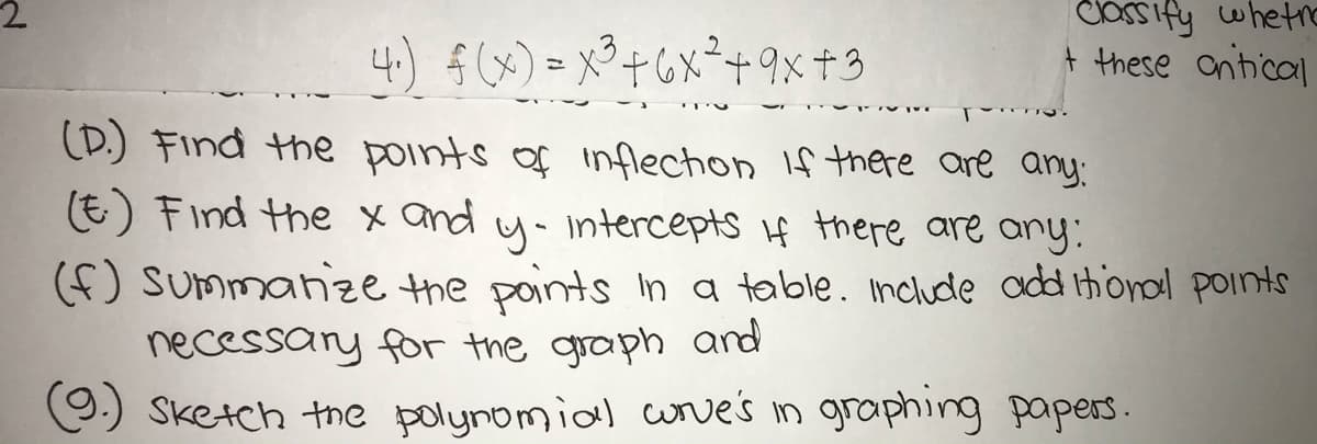 4) $ (X) = x°+6x+9x+3
Clossify whetn
+ these ontical
(D.) Find the points of inflechon If there are any:
(E) Find the x and y-intercepts if there are any:
(f) Summanize the points In a table. include add ihiorod points
necessany for the graph ard
Sketch the polyndmial uve's in graphing papers.
