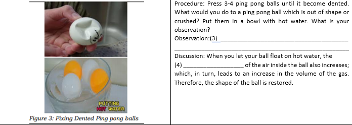 Procedure: Press 3-4 ping pong balls until it become dented.
What would you do to a ping pong ball which is out of shape or
crushed? Put them in a bowl with hot water. What is your
observation?
Observation:(3)
Discussion: When you let your ball float on hot water, the
(4).
of the air inside the ball also increases;
which, in turn, leads to an increase in the volume of the gas.
Therefore, the shape of the ball is restored.
PUTTING
oder WATER
Figure 3: Fixing Dented Ping pong balls
