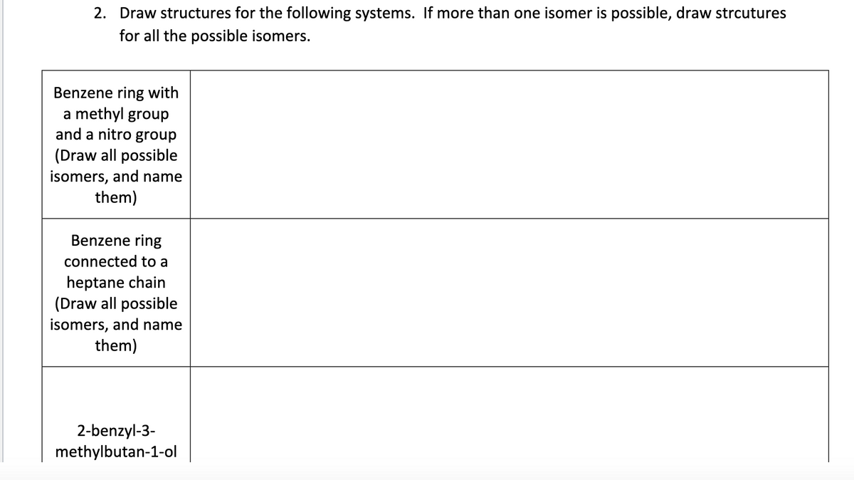 2. Draw structures for the following systems. If more than one isomer is possible, draw strcutures
for all the possible isomers.
Benzene ring with
a methyl group
and a nitro group
(Draw all possible
isomers, and name
them)
Benzene ring
connected to a
heptane chain
(Draw all possible
isomers, and name
them)
2-benzyl-3-
methylbutan-1-ol