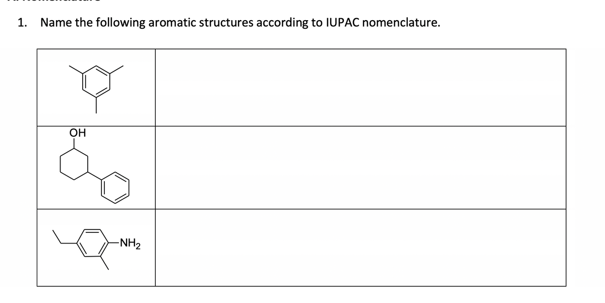 1. Name the following aromatic structures according to IUPAC nomenclature.
♡
OH
&
-NH₂