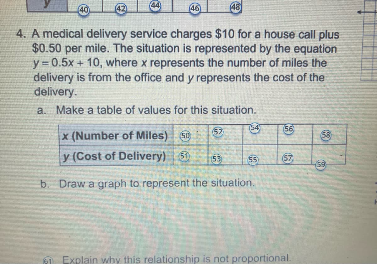 40
44
(46)
4. A medical delivery service charges $10 for a house call plus
$0.50 per mile. The situation is represented by the equation
y = 0.5x + 10, where x represents the number of miles the
delivery is from the office and y represents the cost of the
delivery.
a. Make a table of values for this situation.
52
48
(53)
754
x (Number of Miles) (50
y (Cost of Delivery) 51
b. Draw a graph to represent the situation.
(55)
56
(57
61 Explain why this relationship is not proportional.
(58)
(59