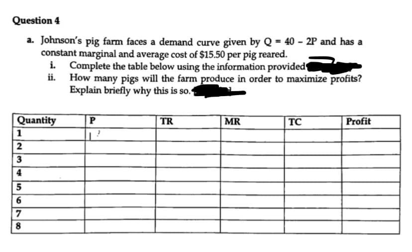 Question 4
a. Johnson's pig farm faces a demand curve given by Q = 40 - 2P and has a
constant marginal and average cost of $15.50 per pig reared.
i. Complete the table below using the information provided
ji.
How many pigs will the farm produce in order to maximize profits?
Explain briefly why this is so.
Quantity
TR
MR
TC
Profit
1
2
3
4
5
8
