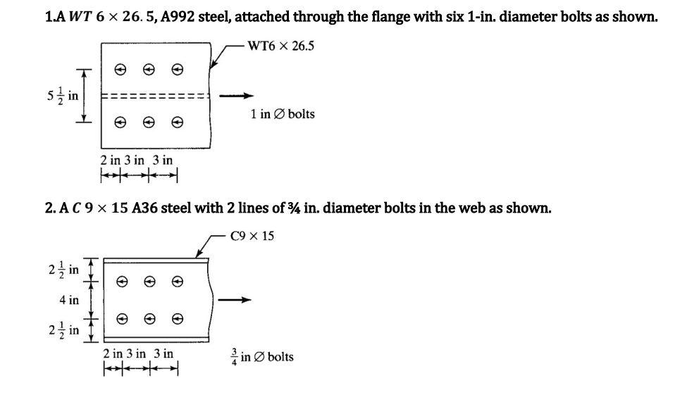 1.A WT 6 × 26.5, A992 steel, attached through the flange with six 1-in. diameter bolts as shown.
WT6 X 26.5
5 in
2 in
4 in
☺
2 in
2 in 3 in 3 in
2. A C 9 x 15 A36 steel with 2 lines of 34 in. diameter bolts in the web as shown.
C9 X 15
++
2 in 3 in 3 in
1 in Ø bolts
HH
in bolts