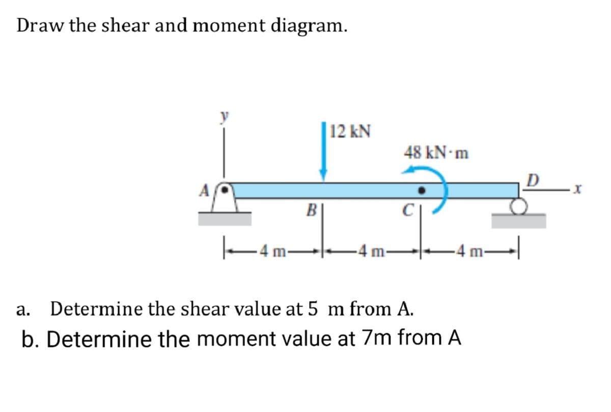 Draw the shear and moment diagram.
|12 kN
48 kN-m
D
B
-4 m
a. Determine the shear value at 5 m from A.
b. Determine the moment value at 7m from A
