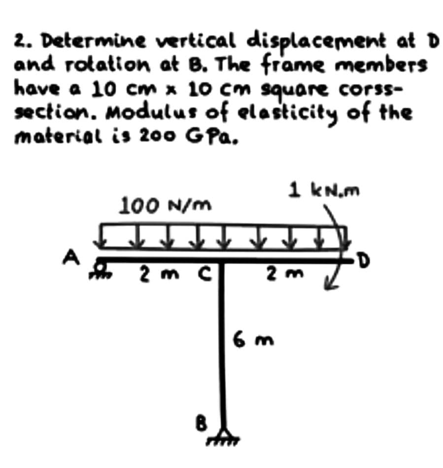 2. Determine vertical displacement at D
and rotation at B. The frame members
have a 10 cm x 10 cm square corss-
section. Modulus of elasticity of the
material is 200 GPa.
1 kN.m
100 N/m
A
2 m C
2 m
6 m
