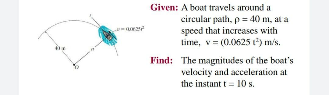 Given: A boat travels around a
circular path, p= 40 m, at a
speed that increases with
time, v = (0.0625 t2) m/s.
v30.06252
40 m
Find: The magnitudes of the boat's
velocity and acceleration at
the instant t = 10 s.
