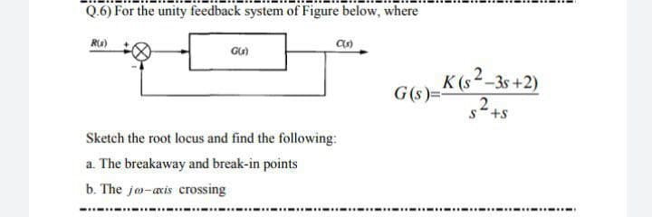 Q.6) For the unity feedback system of Figure below, where
R)
K (s² –3s +2)
G(s)=
2.
s"+s
Sketch the root locus and find the following:
a. The breakaway and break-in points
b. The jo-axis crossing
