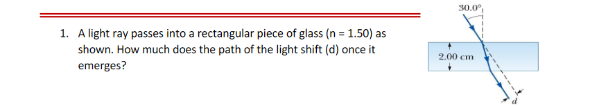 30.0°
1. A light ray passes into a rectangular piece of glass (n = 1.50) as
shown. How much does the path of the light shift (d) once it
emerges?
2.00 cm
