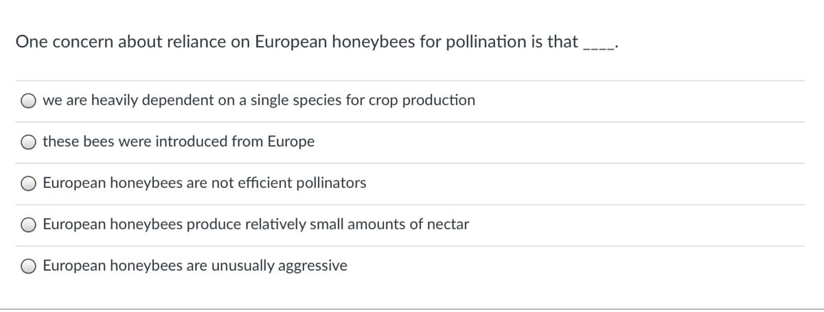 One concern about reliance on European honeybees for pollination is that
we are heavily dependent on a single species for crop production
these bees were introduced from Europe
European honeybees are not efficient pollinators
European honeybees produce relatively small amounts of nectar
European honeybees are unusually aggressive
