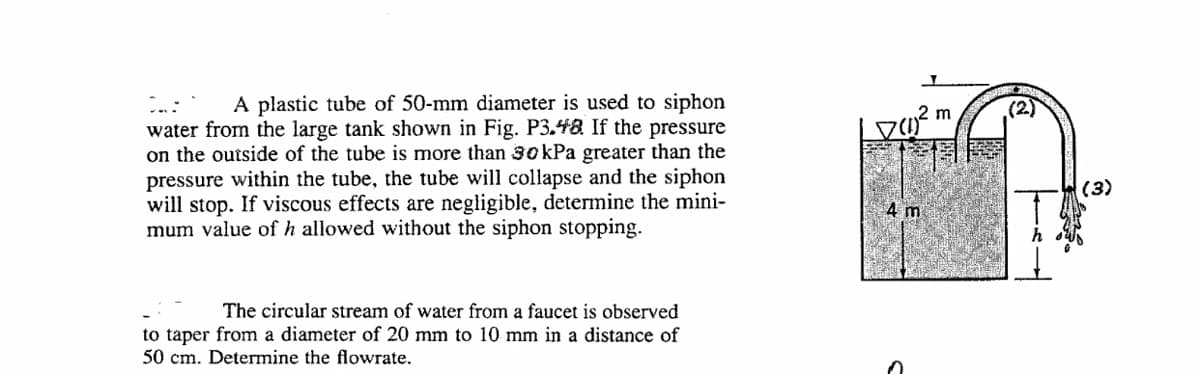 A plastic tube of 50-mm diameter is used to siphon
water from the large tank shown in Fig. P3.48 If the pressure
on the outside of the tube is more than 30kPa greater than the
pressure within the tube, the tube will collapse and the siphon
will stop. If viscous effects are negligible, determine the mini-
mum value of h allowed without the siphon stopping.
(2)
m
(3)
4 m
The circular stream of water from a faucet is observed
to taper from a diameter of 20 mm to 10 mm in a distance of
50 cm. Determine the flowrate.

