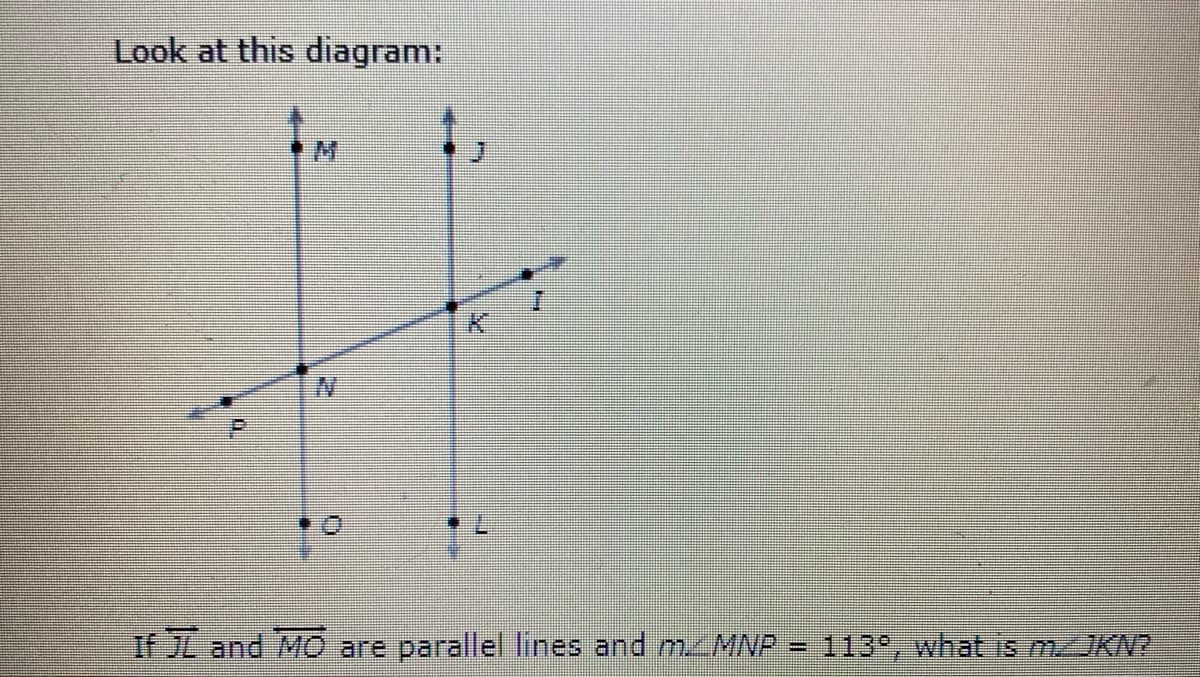Look at this diagram:
If JL and MG are parallel lines and mMNP = 113°, what is mKN7
