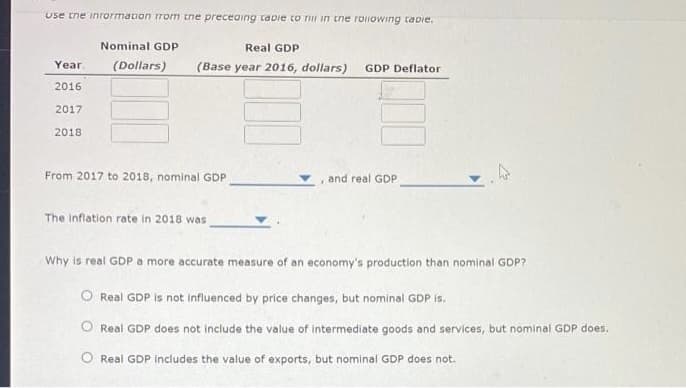 Use tne inrormation trom tne preceaing tabie to nii in tne roliowing tabie.
Nominal GDP
Real GDP
Year
(Dollars)
(Base year 2016, dollars)
GDP Deflator
2016
2017
2018
From 2017 to 2018, nominal GDP
and real GDP
The Inflation rate in 2018 was
Why is real GDP a more accurate measure of an economy's production than nominal GDP?
O Real GDP Is not influenced by price changes, but nominal GDP is.
O Real GDP does not include the value of intermediate goods and services, but nominal GDP does.
Real GDP includes the value of exports, but nominal GDP does not.
