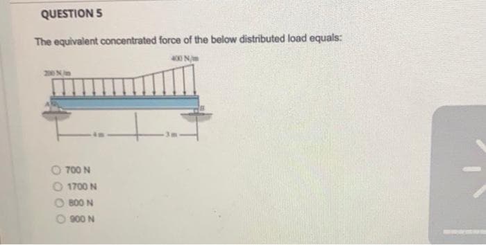 QUESTION 5
The equivalent concentrated force of the below distributed load equals:
200N
700 N
O 1700 N
O B00 N
O 900 N
