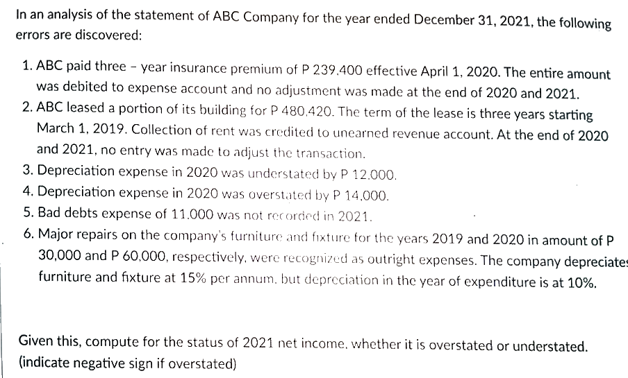 In an analysis of the statement of ABC Company for the year ended December 31, 2021, the following
errors are discovered:
1. ABC paid three - year insurance premium of P 239.400 effective April 1, 2020. The entire amount
was debited to expense account and no adjustment was made at the end of 2020 and 2021.
2. ABC leased a portion of its building for P 480.420. The term of the lease is three years starting
March 1, 2019. Collection of rent was credited to unearned revenue account. At the end of 2020
and 2021, no entry was made to adjust the transaction.
3. Depreciation expense in 2020 was understated by P 12.000.
4. Depreciation expense in 2020 was overstated by P 14,000.
5. Bad debts expense of 11.000 was not recorded in 2021.
6. Major repairs on the company's furniture and fixture for the years 2019 and 2020 in amount of P
30,000 and P 60,000, respectively, were recognized as outright expenses. The company depreciates
furniture and fixture at 15% per annum. but depreciation in the year of expenditure is at 10%.
Given this, compute for the status of 2021 net income, whether it is overstated or understated.
(indicate negative sign if overstated)
