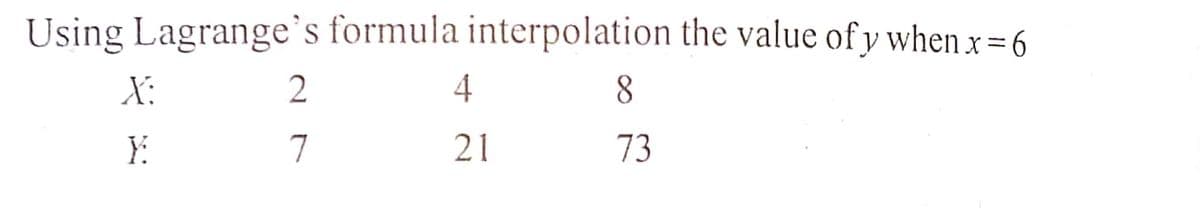 Using Lagrange's formula interpolation the value of y when x = 6
X:
8
Y:
7
21
73

