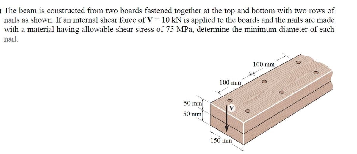 O The beam is constructed from two boards fastened together at the top and bottom with two rows of
nails as shown. If an internal shear force ofV= 10 kN is applied to the boards and the nails are made
with a material having allowable shear stress of 75 MPa, determine the minimum diameter of each
nail.
100 mm
100 mm
50 mm
50 mm
150 mm
