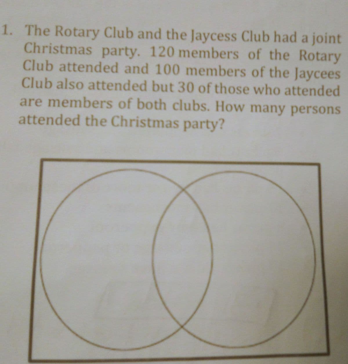 1. The Rotary Club and the Jaycess Club had a joint
Christmas party. 120 members of the Rotary
Club attended and 100 members of the Jaycees
Club also attended but 30 of those who attended
are members of both clubs. How many persons
attended the Christmas party?
