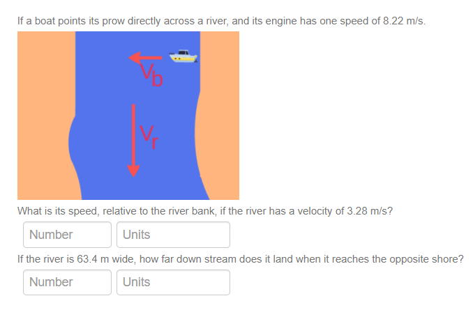If a boat points its prow directly across a river, and its engine has one speed of 8.22 m/s.
What is its speed, relative to the river bank, if the river has a velocity of 3.28 m/s?
Number
Units
If the river is 63.4 m wide, how far down stream does it land when it reaches the opposite shore?
Number
Units
