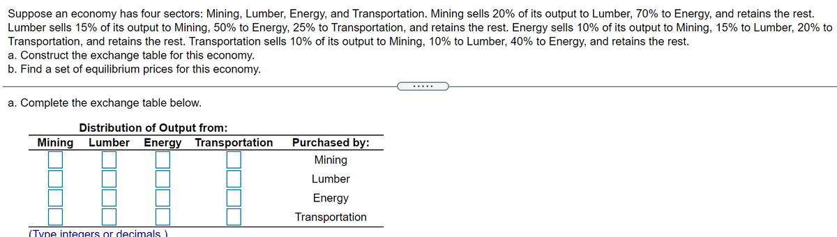 Suppose an economy has four sectors: Mining, Lumber, Energy, and Transportation. Mining sells 20% of its output to Lumber, 70% to Energy, and retains the rest.
Lumber sells 15% of its output to Mining, 50% to Energy, 25% to Transportation, and retains the rest. Energy sells 10% of its output to Mining, 15% to Lumber, 20% to
Transportation, and retains the rest. Transportation sells 10% of its output to Mining, 10% to Lumber, 40% to Energy, and retains the rest.
a. Construct the exchange table for this economy.
b. Find a set of equilibrium prices for this economy.
.....
a. Complete the exchange table below.
Distribution of Output from:
Lumber Energy Transportation
Mining
Purchased by:
Mining
Lumber
Energy
Transportation
(Type integers or decimals )
