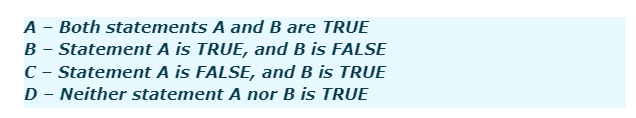 Both statements A and B are TRUE
B - Statement A is TRUE, and B is FALSE
C - Statement A is FALSE, and B is TRUE
D - Neither statement A nor B is TRUE
A
