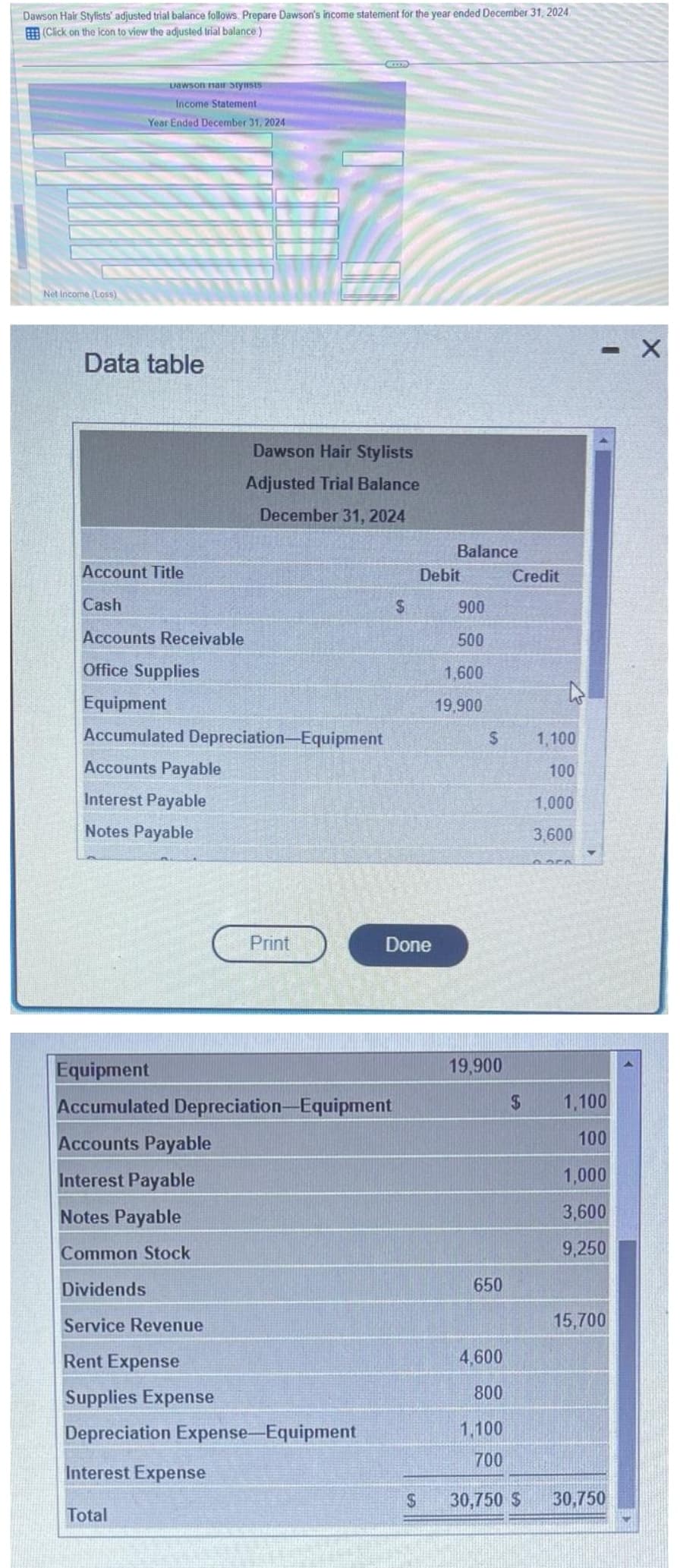 Dawson Hair Stylists' adjusted trial balance follows. Prepare Dawson's income statement for the year ended December 31, 2024
(Click on the icon to view the adjusted trial balance)
Net Income (Loss)
Dawson nair stynsts
Income Statement
Year Ended December 31, 2024
Data table
Account Title
Cash
Accounts Receivable
Office Supplies
Dawson Hair Stylists
Adjusted Trial Balance
December 31, 2024
Equipment
Accumulated Depreciation-Equipment
Accounts Payable
Interest Payable
Notes Payable
Print
$
Equipment
Accumulated Depreciation-Equipment
Accounts Payable
Interest Payable
Notes Payable
Common Stock
Dividends
Service Revenue
Rent Expense
Supplies Expense
Depreciation Expense-Equipment
Interest Expense
Total
Done
$
Balance
Debit
900
500
1,600
19,900
S
19,900
650
4,600
800
1.100
700
Credit
$
30,750 $
1,100
100
1,000
3,600
0050
-
1,100
100
1,000
3,600
9,250
15,700
30,750
X