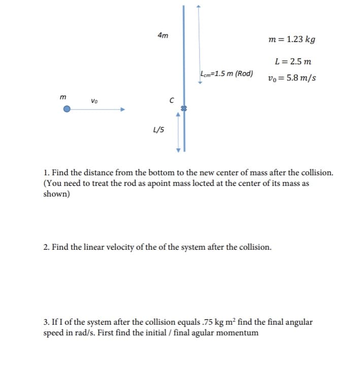 4m
m = 1.23 kg
L = 2.5 m
Lem=1.5 m (Rod)
vo = 5.8 m/s
Vo
L/5
1. Find the distance from the bottom to the new center of mass after the collision.
(You need to treat the rod as apoint mass locted at the center of its mass as
shown)
2. Find the linear velocity of the of the system after the collision.
3. If I of the system after the collision equals .75 kg m² find the final angular
speed in rad/s. First find the initial / final agular momentum
