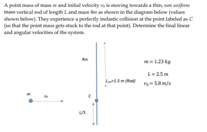 A point mass of mass m and initial velocity vo is moving towards a thin, non uniform
mass vertical rod of length L and mass 4m as shown in the diagram below (values
shown below). They experience a perfectly inelastic collision at the point labeled as C
(so that the point mass gets stuck to the rod at that point). Determine the final linear
and angular velocities of the system.
4m
m = 1.23 kg
L= 2.5 m
Lem=1.5 m (Rod)
vo = 5.8 m/s
m
Vo
L/5
