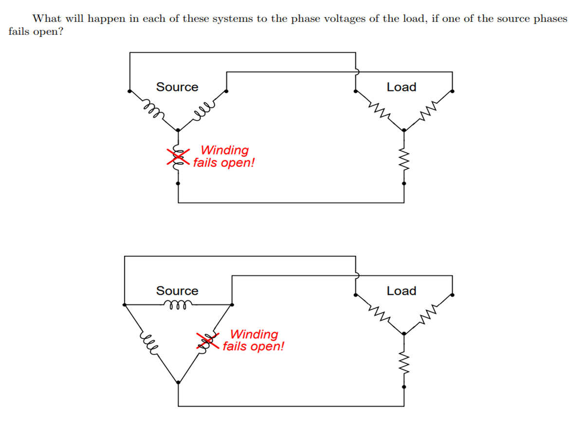 What will happen in each of these systems to the phase voltages of the load, if one of the source phases
fails open?
Source
Load
Winding
fails open!
Source
Load
ll
Winding
fails open!
