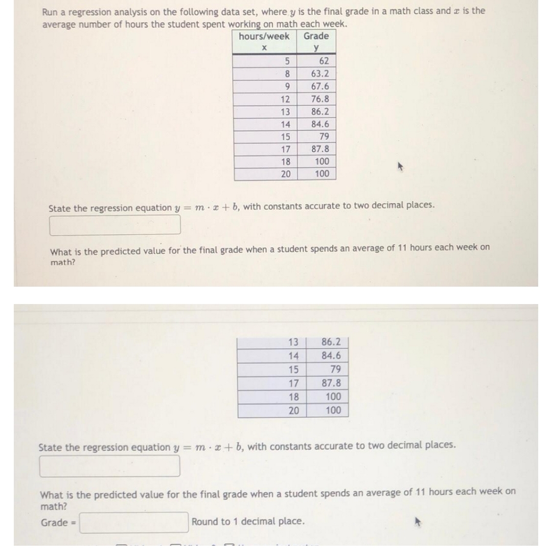 Run a regression analysis on the following data set, where y is the final grade in a math class and z is the
average number of hours the student spent working on math each week.
hours/week
Grade
62
63.2
9.
67.6
12
76.8
13
86.2
14
84.6
15
79
17
87.8
18
100
20
100
State the regression equation y = m·x + b, with constants accurate to two decimal places.
What is the predicted value for the final grade when a student spends an average of 11 hours each week on
math?
13
86.2
84.6
15
79
17
87.8
18
100
20
100
State the regression equation y = m· x + b, with constants accurate to two decimal places.
What is the predicted value for the final grade when a student spends an average of 11 hours each week on
math?
Grade =
Round to 1 decimal place.
m45 700 9

