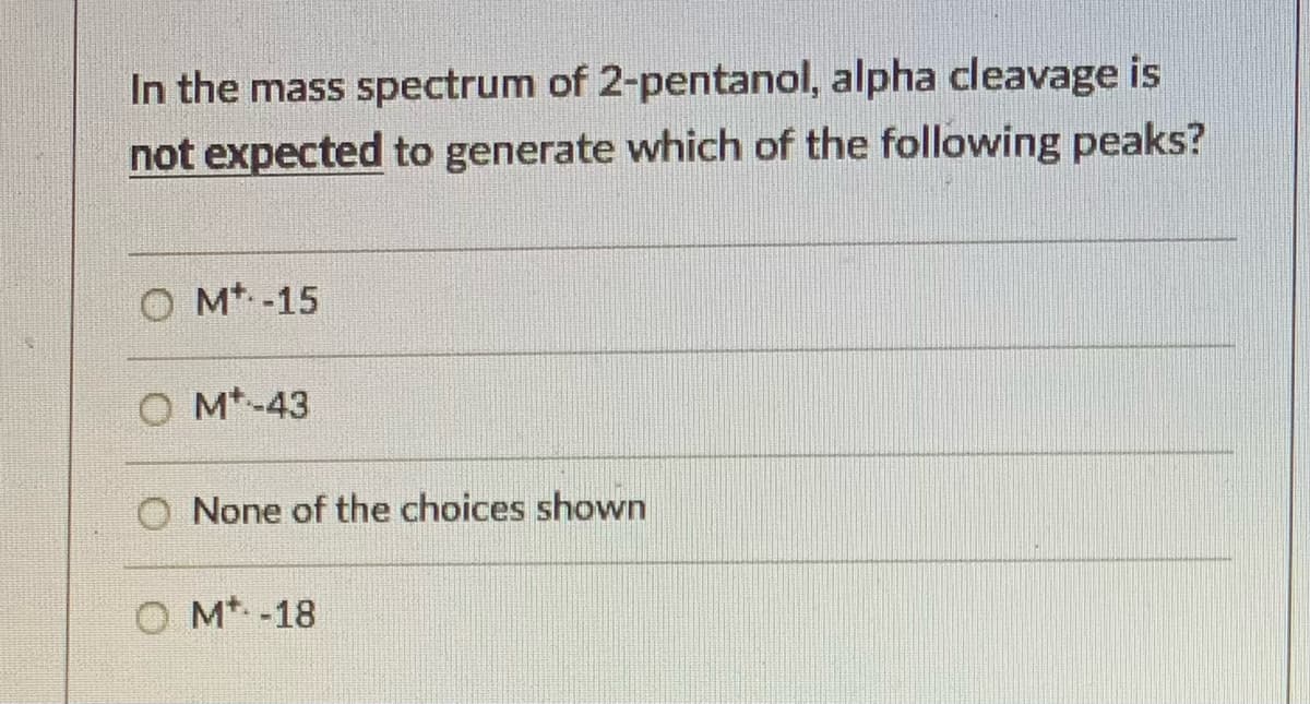 In the mass spectrum of 2-pentanol, alpha cleavage is
not expected to generate which of the following peaks?
O M* -15
O M*-43
O None of the choices shown
O M* -18
