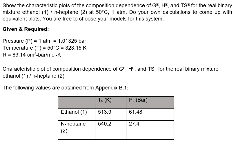 Show the characteristic plots of the composition dependence of GE, HE, and TSE for the real binary
mixture ethanol (1) / n-heptane (2) at 50°C, 1 atm. Do your own calculations to come up with
equivalent plots. You are free to choose your models for this system.
Given & Required:
Pressure (P) = 1 atm = 1.01325 bar
Temperature (T) = 50°C = 323.15 K
R = 83.14 cm³-bar/mol-K
Characteristic plot of composition dependence of GE, HE, and TSE for the real binary mixture
ethanol (1) / n-heptane (2)
The following values are obtained from Appendix B.1:
Tc (K)
513.9
540.2
Ethanol (1)
N-heptane
(2)
Pc (Bar)
61.48
27.4