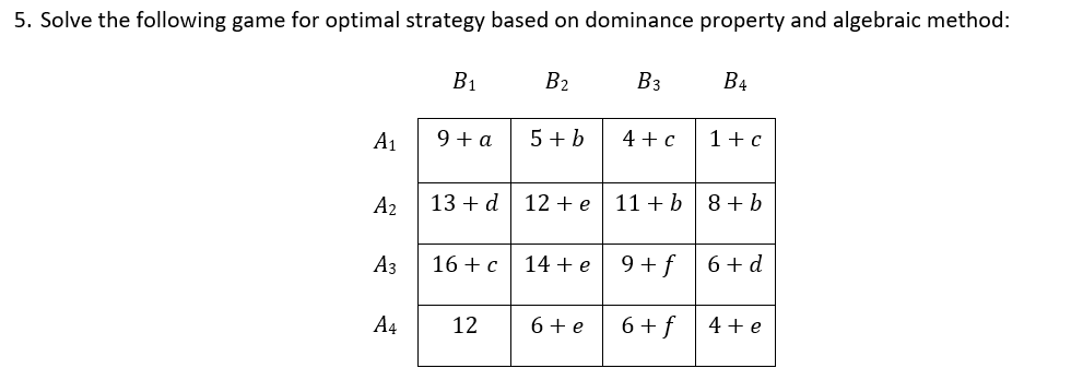 5. Solve the following game for optimal strategy based on dominance property and algebraic method:
B1
B2
Вз
B4
A1
9 + a
5 +b
4 + c
1+ c
A2
13 +d
12 + e
11 + b
8 + b
Аз
16 +c
14 + e
9+f
6+d
A4
12
6+e
6+f
4 +e
