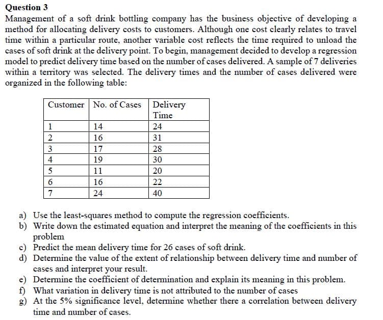 Question 3
Management of a soft drink bottling company has the business objective of developing a
method for allocating delivery costs to customers. Although one cost clearly relates to travel
time within a particular route, another variable cost reflects the time required to unload the
cases of soft drink at the delivery point. To begin, management decided to develop a regression
model to predict delivery time based on the number of cases delivered. A sample of 7 deliveries
within a teritory was selected. The delivery times and the number of cases delivered were
organized in the following table:
Customer No. of Cases
Delivery
Time
1
14
24
16
31
3
17
28
4
19
30
11
20
6.
16
22
7
24
40
a) Use the least-squares method to compute the regression coefficients.
b) Write down the estimated equation and interpret the meaning of the coefficients in this
problem
c) Predict the mean delivery time for 26 cases of soft drink.
d) Determine the value of the extent of relationship between delivery time and number of
cases and interpret your result.
e) Determine the coefficient of determination and explain its meaning in this problem.
f) What variation in delivery time is not attributed to the number of cases
g) At the 5% significance level, determine whether there a correlation between delivery
time and number of cases.
