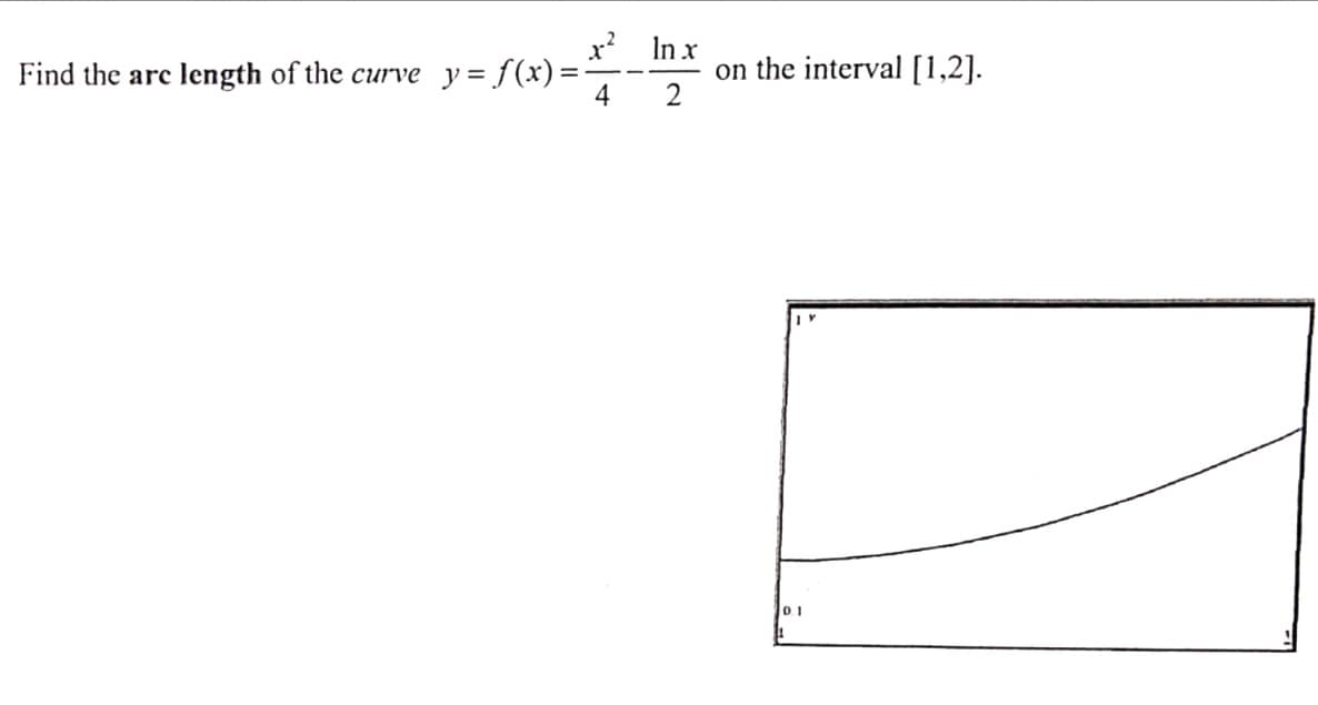 x In x
Find the arc length of the curve y = f(x):
4
on the interval [1,2].
0.1
