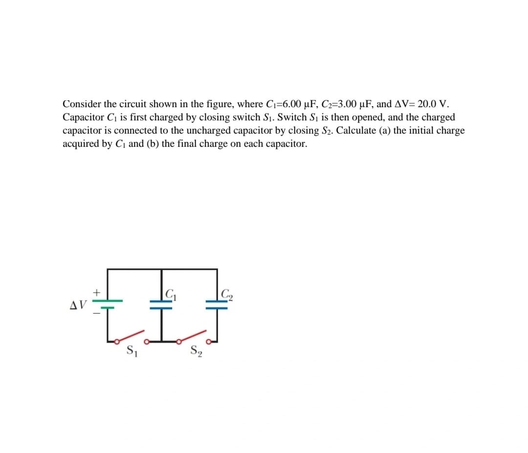 Consider the circuit shown in the figure, where Cı=6.00 µF, C2=3.00 µF, and AV= 20.0 V.
Capacitor Cı is first charged by closing switch S1. Switch Si is then opened, and the charged
capacitor is connected to the uncharged capacitor by closing S2. Calculate (a) the initial charge
acquired by C1 and (b) the final charge on each capacitor.
AV
LI
