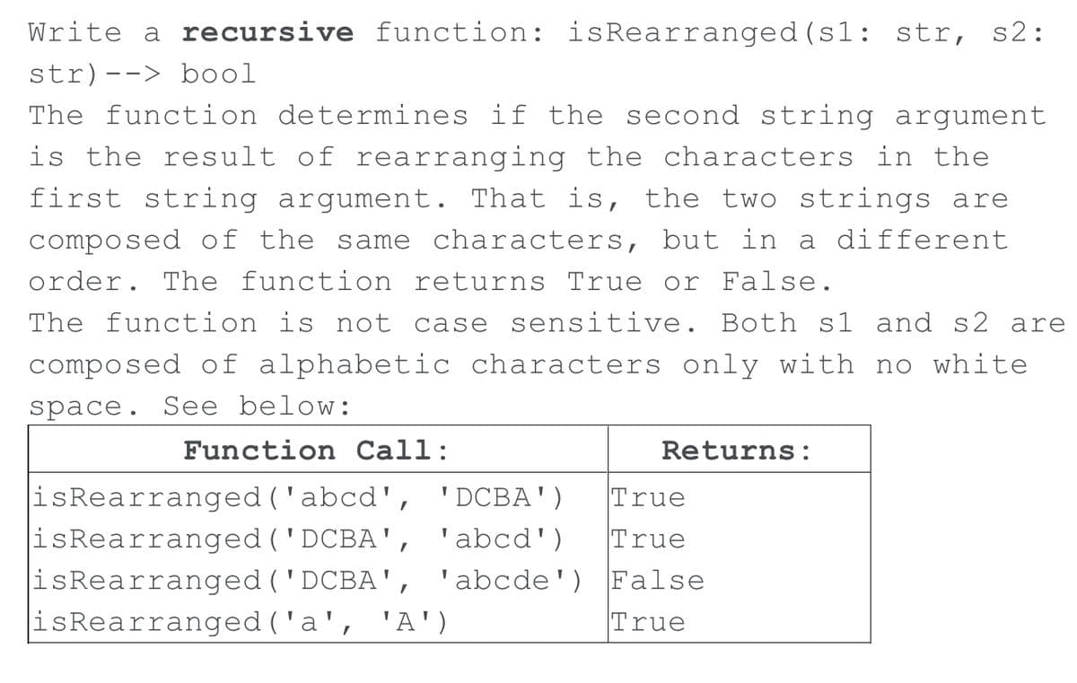 Write a recursive function: isRearranged(sl: str, s2:
str)--> bool
The function determines if the second string argument
is the result of rearranging the characters in the
first string argument. That is, the two strings are
composed of the same characters, but in a different
order. The function returns True or False.
The function is not case sensitive. Both s1 and s2 are
composed of alphabetic characters only with no white
space. See below:
Function Call:
Returns:
isRearranged ('abcd', 'DCBA')
isRearranged('DCBA', 'abcd')
isRearranged ('DCBA', 'abcde') False
isRearranged ('a', 'A')
True
True
True
