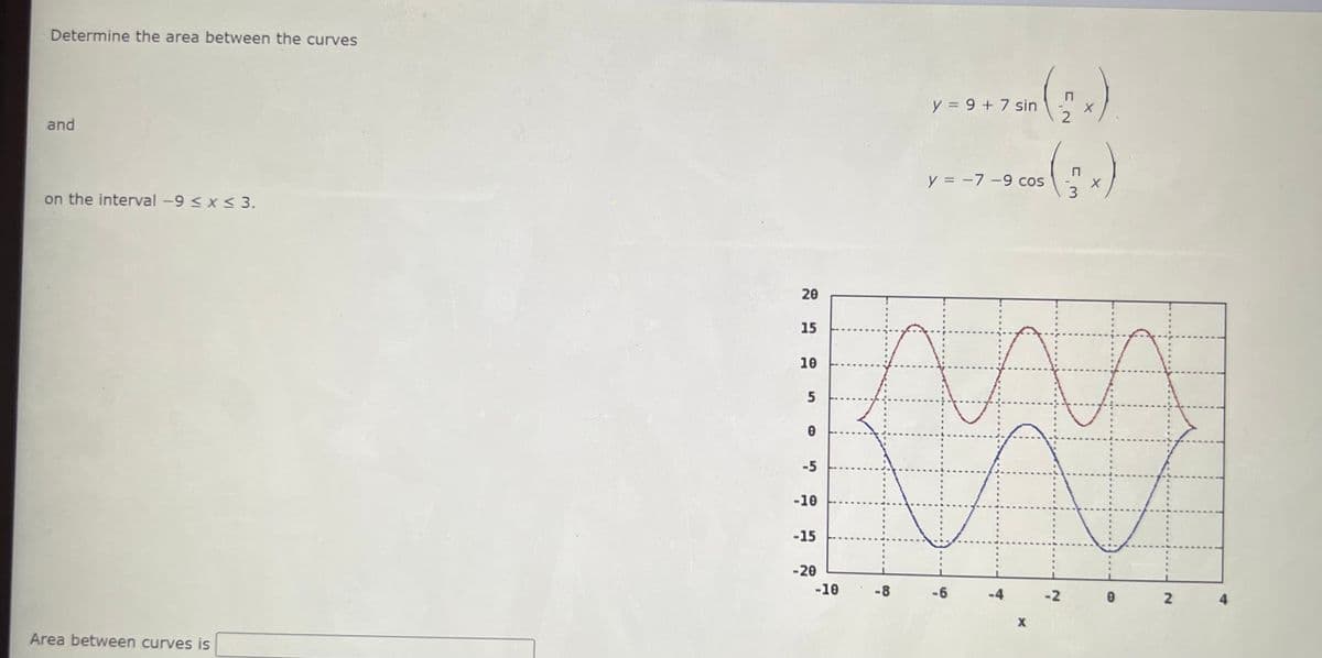 Determine the area between the curves
(:)
y = 9 + 7 sin
and
y = -7 -9 cos
3
on the interval -9 < x < 3.
20
15
10
-5
-10
-15
-20
-10
-8
-6
-4
-2
2
4.
Area between curves is
