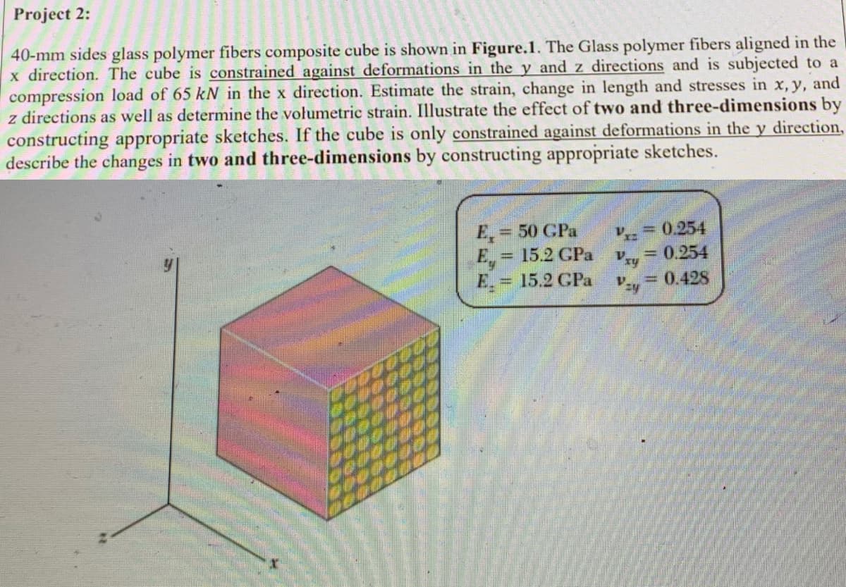 Project 2:
40-mm sides glass polymer fibers composite cube is shown in Figure.1. The Glass polymer fibers aligned in the
x direction. The cube is constrained against deformations in the y and z directions and is subjected to a
compression load of 65 kN in the x direction. Estimate the strain, change in length and stresses in x,y, and
z directions as well as determine the volumetric strain. Illustrate the effect of two and three-dimensions by
constructing appropriate sketches. If the cube is only constrained against deformations in the y direction,
describe the changes in two and three-dimensions by constructing appropriate sketches.
E,= 50 GPa
E, = 15.2 GPa v = 0.254
15.2 GPa
=0.254
%3D
0.42S
