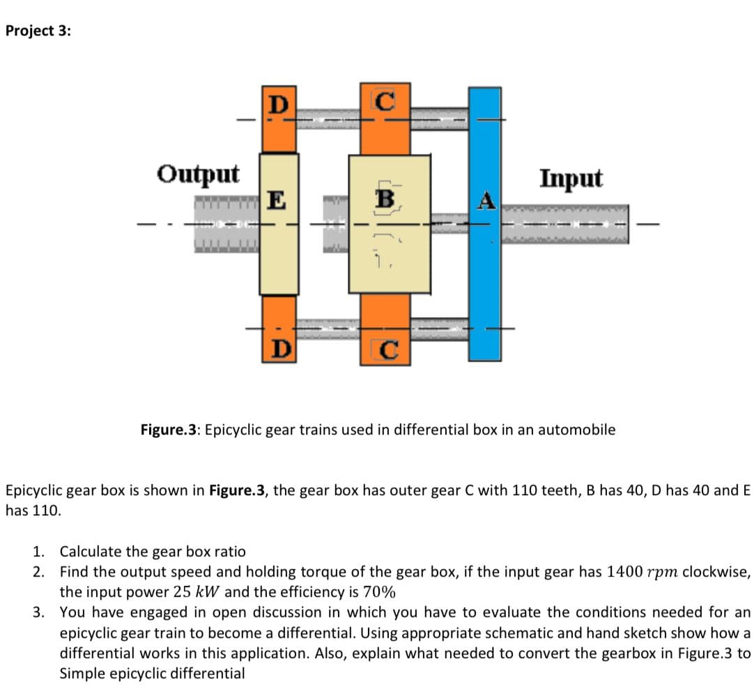 Project 3:
Output
E
Input
B,
-
Figure.3: Epicyclic gear trains used in differential box in an automobile
Epicyclic gear box is shown in Figure.3, the gear box has outer gear C with 110 teeth, B has 40, D has 40 and E
has 110.
1.
Calculate the gear box ratio
2. Find the output speed and holding torque of the gear box, if the input gear has 1400 rpm clockwise,
the input power 25 kW and the efficiency is 70%
3. You have engaged in open discussion in which you have to evaluate the conditions needed for an
epicyclic gear train to become a differential. Using appropriate schematic and hand sketch show how a
differential works in this application. Also, explain what needed to convert the gearbox in Figure.3 to
Simple epicyclic differential

