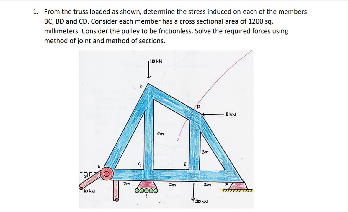 1. From the truss loaded as shown, determine the stress induced on each of the members
BC, BD and CD. Consider each member has a cross sectional area of 1200 sq.
millimeters. Consider the pulley to be frictionless. Solve the required forces using
method of joint and method of sections.
110 kN
5 kN
10 kN
2m
4m
2m
E
3m
2m
20KN