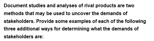 Document studies and analyses of rival products are two
methods that may be used to uncover the demands of
stakeholders. Provide some examples of each of the following
three additional ways for determining what the demands of
stakeholders are: