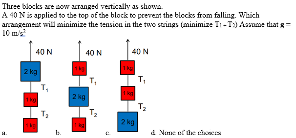 Three blocks are now arranged vertically as shown.
A 40 N is applied to the top of the block to prevent the blocks from falling. Which
arrangement will minimize the tension in the two strings (minimize T1+ T2) Assume that g=
10 m/s?
40 N
40 N
40 N
1 kg
1 kg
2 kg
T,
2 kg
1 kg
1 kg
T2
T2
T2
2 kg
1 kg
b.
1 kg
d. None of the choices
с.
а.
