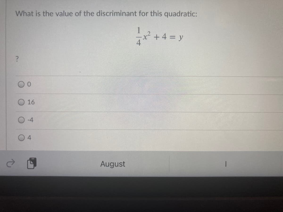 What is the value of the discriminant for this quadratic:
1
+ 4 = y
0.
16
4.
August
