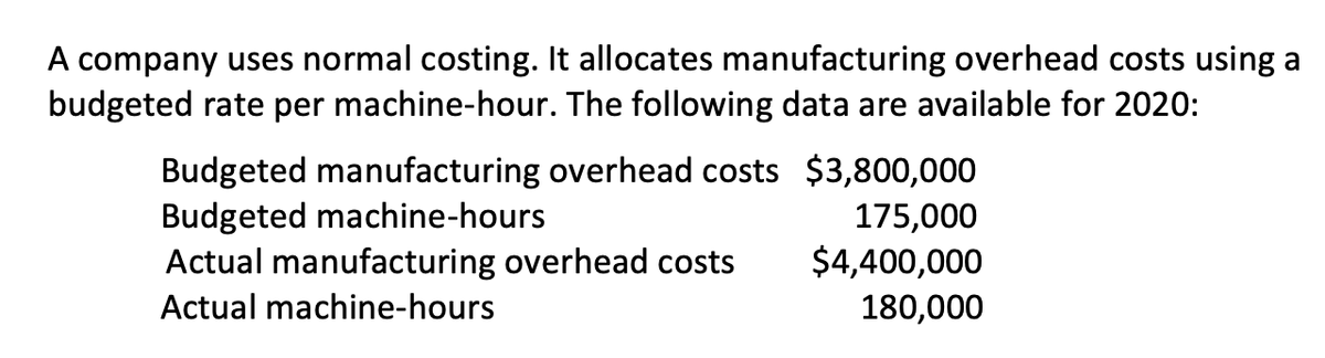 A company uses normal costing. It allocates manufacturing overhead costs using a
budgeted rate per machine-hour. The following data are available for 2020:
Budgeted manufacturing overhead costs $3,800,000
Budgeted machine-hours
Actual manufacturing overhead costs
175,000
$4,400,000
Actual machine-hours
180,000
