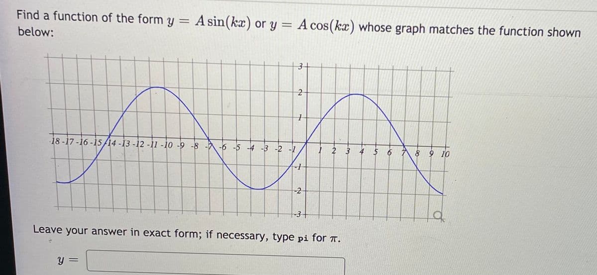 Find a function of the form y = A sin(kx) or y =
A cos(kx) whose graph matches the function shown
below:
31
2
-18-17 -16 -15/14 -13 -12 -11 -10 -9 -8 -A -6 -5 -4 -3 -2 -1
2 3
5 6 7 8 9 10
4
-2
-3+
Leave your answer in exact form; if necessary, type pi for 7.
